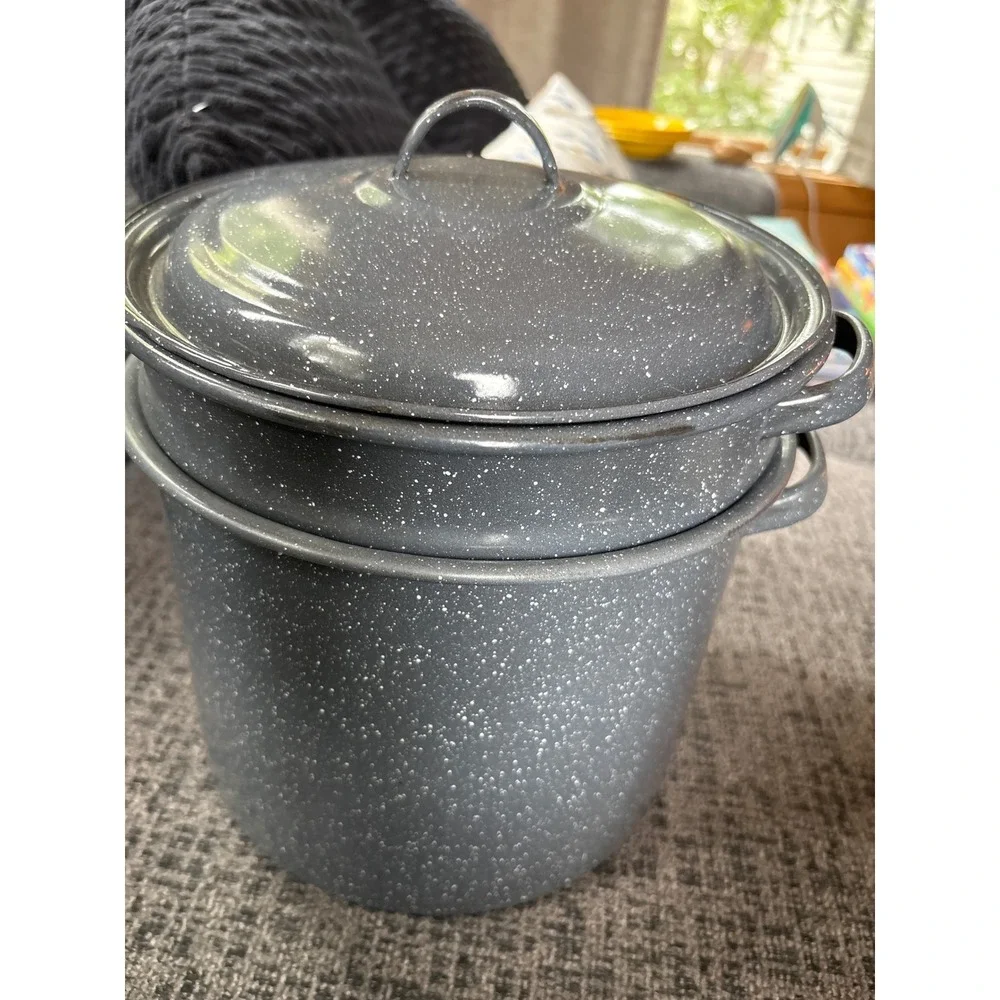Vintage Grey Speckled Granite Ware Enamel Steamer Pot Set with Lid 3 Piece